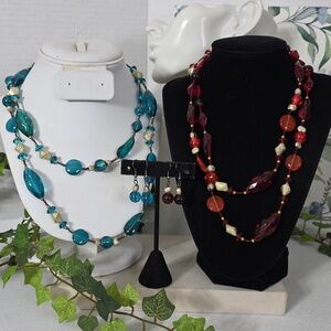 Long Glass Bead Necklace And Earring Set Turquoise Blue Or Red
